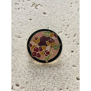 Round Enamel Brooch Cloisonne Style Berry Flower‎ Black Border Small Romantic